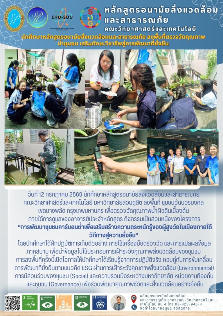 นักศึกษาหลักสูตรอนามัยสิ่งแวดล้อมและสาธารณภัย ลงพื้นที่ตรวจวัดคุณภาพน้ำชุมชน เสริมทักษะวิชาชีพสู่การพัฒนาที่ยั่งยื