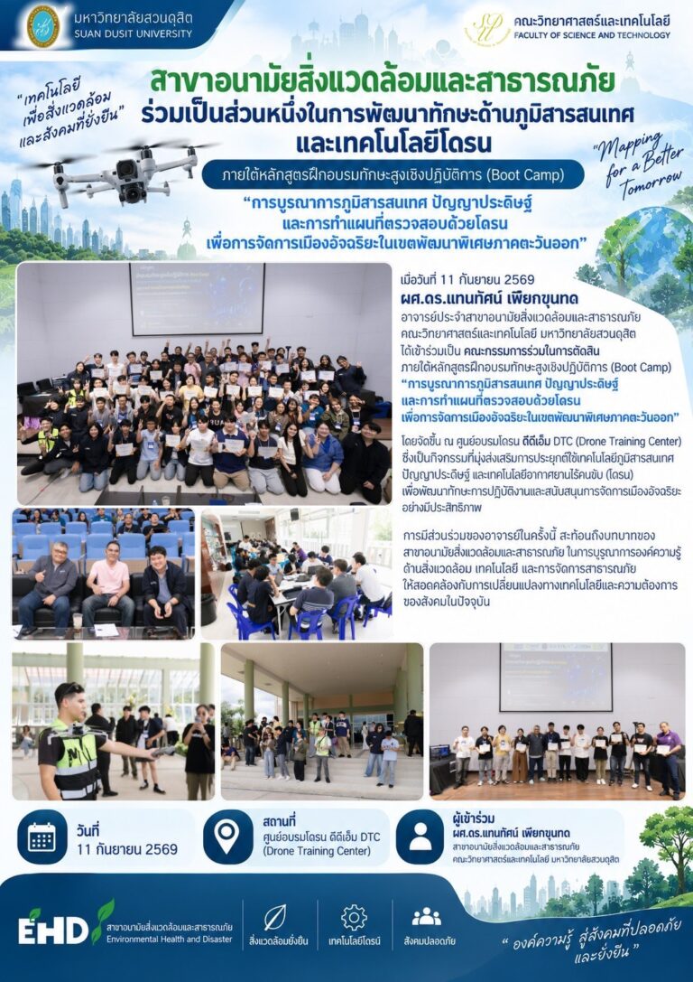 เมื่อวันที่ 11 กันยายน 2569 ผศ.ดร.แทนทัศน์ เพียกขุนทด อาจารย์ประจำสาขาอนามัยสิ่งแวดล้อมและสาธารณภัย คณะวิทยาศาสตร์และเทคโนโลยี มหาวิทยาลัยสวนดุสิต ได้เข้าร่วมเป็นคณะกรรมการร่วมในการตัดสิน ภายใต้หลักสูตรฝึกอบรมทักษะสูงเชิงปฏิบัติการ (Boot Camp) “การบูรณาการภูมิสารสนเทศ ปัญญาประดิษฐ์ และการทำแผนที่ตรวจสอบด้วยโดรน เพื่อการจัดการเมืองอัจฉริยะในเขตพัฒนาพิเศษภาคตะวันออก”โดยจัดขึ้น ณ ศูนย์อบรมโดรน ดีดีเอ็ม DTC (Drone Training Center) ซึ่งเป็นกิจกรรมที่มุ่งส่งเสริมการประยุกต์ใช้เทคโนโลยีภูมิสารสนเทศ ปัญญาประดิษฐ์ และเทคโนโลยีอากาศยานไร้คนขับ
