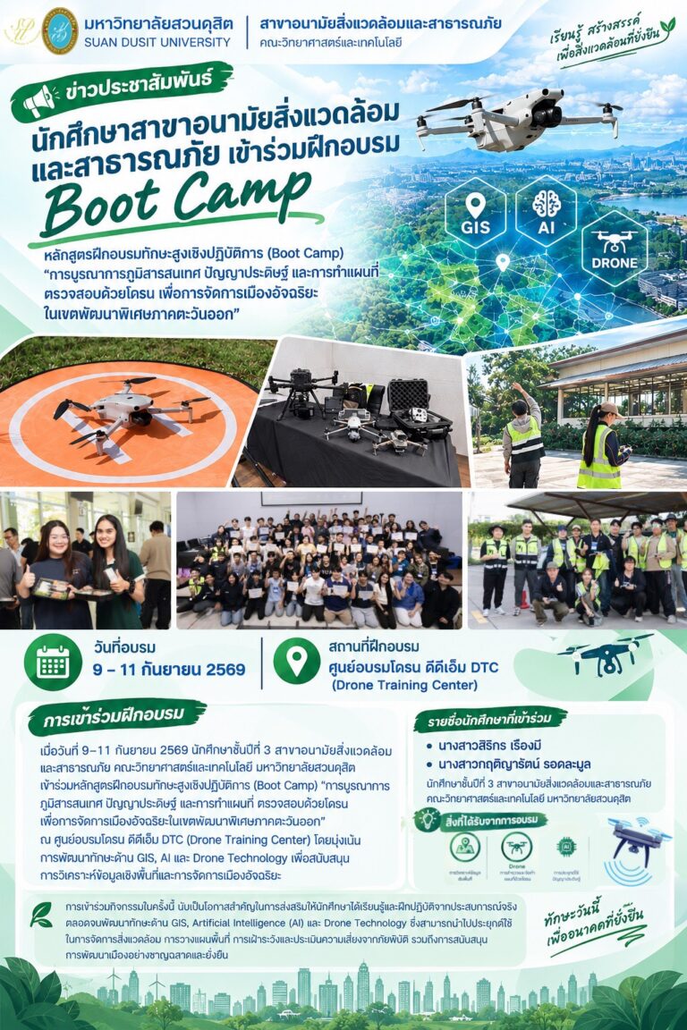 เมื่อวันที่ 11 กันยายน 2569 ผศ.ดร.แทนทัศน์ เพียกขุนทด อาจารย์ประจำสาขาอนามัยสิ่งแวดล้อมและสาธารณภัย คณะวิทยาศาสตร์และเทคโนโลยี มหาวิทยาลัยสวนดุสิต ได้เข้าร่วมเป็นคณะกรรมการร่วมในการตัดสิน ภายใต้หลักสูตรฝึกอบรมทักษะสูงเชิงปฏิบัติการ (Boot Camp) “การบูรณาการภูมิสารสนเทศ ปัญญาประดิษฐ์ และการทำแผนที่ตรวจสอบด้วยโดรน เพื่อการจัดการเมืองอัจฉริยะในเขตพัฒนาพิเศษภาคตะวันออก”